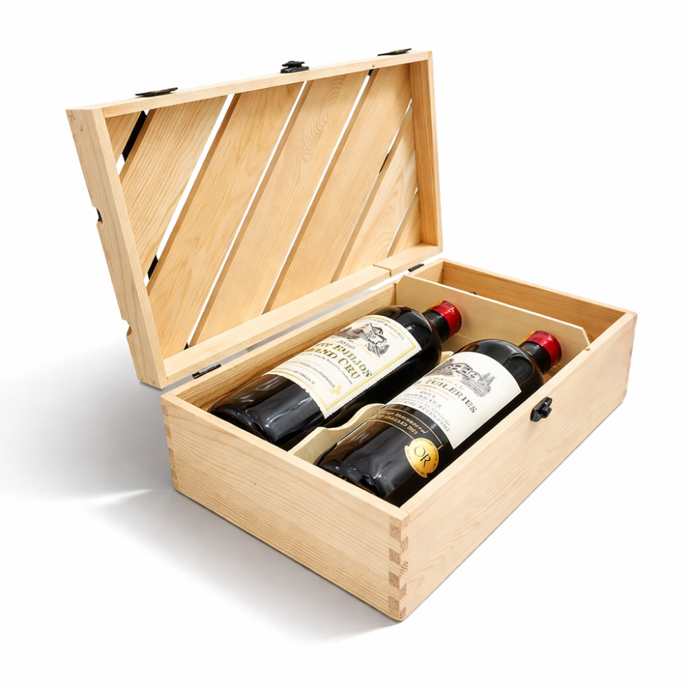 Cassa per vino in legno di pino, cassetta per bottiglie di vino con chiusura a gancio