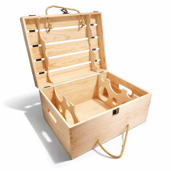 Cassa da 6 bottiglie in legno di pino con chiusura a valigetta in metallo 27x35x18 cm