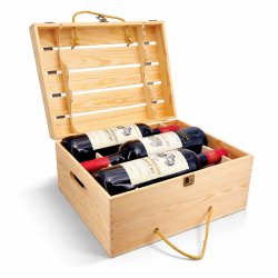 Cassa da 6 bottiglie in legno di pino con chiusura a valigetta in metallo 27x35x18 cm