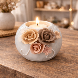 Portacandela rotondo in ceramica con motivo scolpito e decorazione a rose