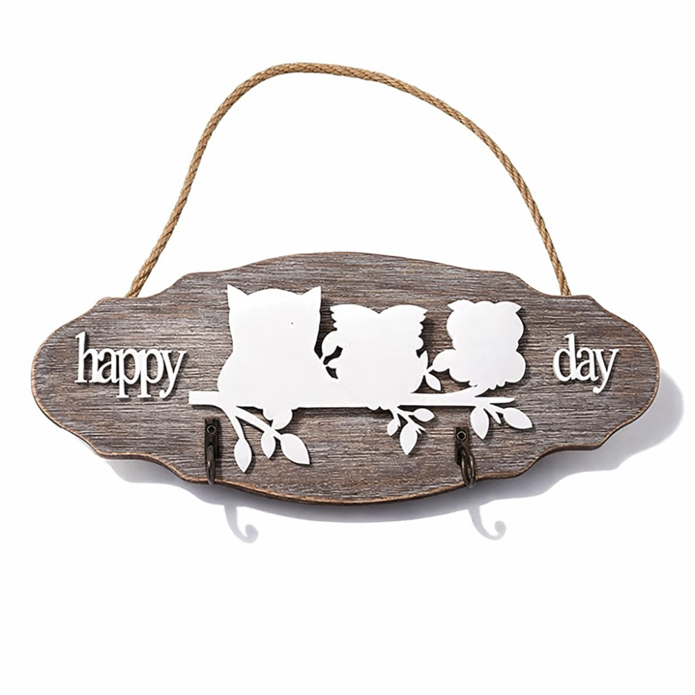 Porte-clés mural aspect bois clair "Happy day" motif hiboux