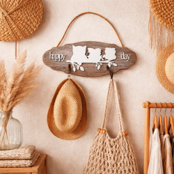 Portachiavi da parete effetto legno chiaro "Happy day" con motivo gufi