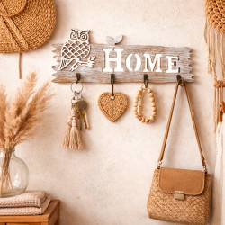 Portachiavi da parete effetto legno chiaro "Home" con motivo gufo