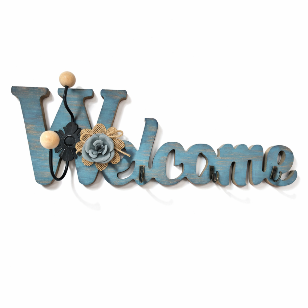 Patère murale à clés lettrage "Welcome" aspect bois bleue