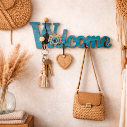 Appendiabiti da parete con scritta "Welcome" effetto legno blu