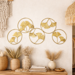 Decorazione da parete 5 cerchi e foglie in metallo dorato