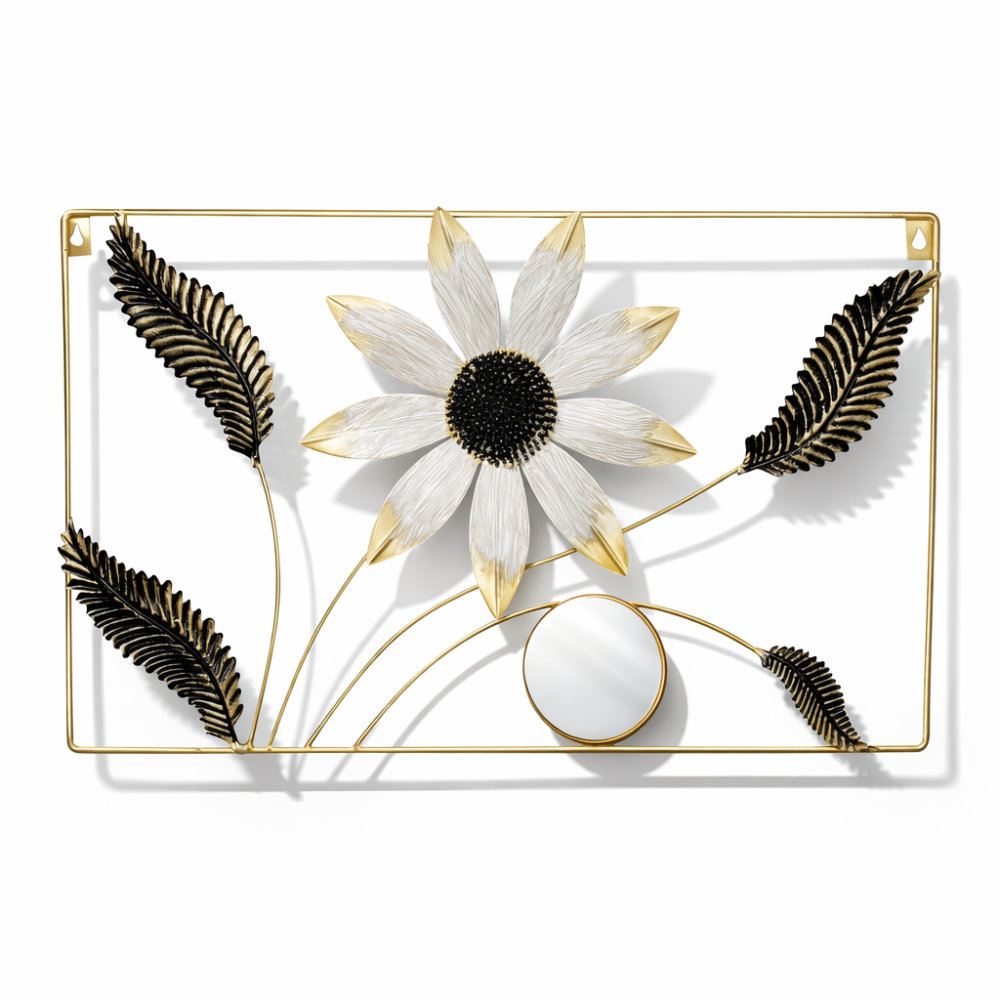 Decorazione da parete in metallo dorato con specchio, fiore bianco e foglie