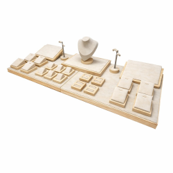 Grande set di espositori per gioielli da vetrina in alcantara beige