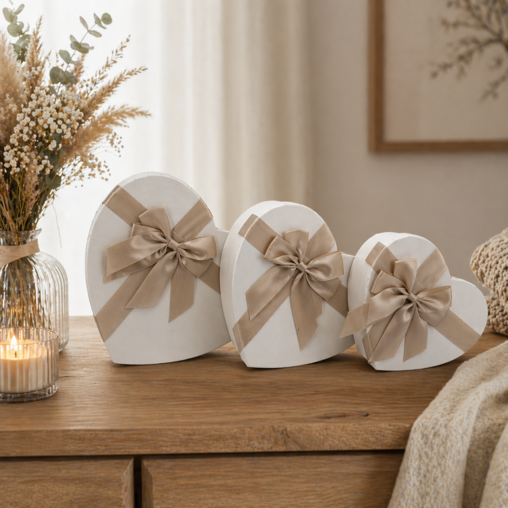 Pack trio : Boîtes cadeaux "Cœur" blanches irisées - Set de 3 tailles
