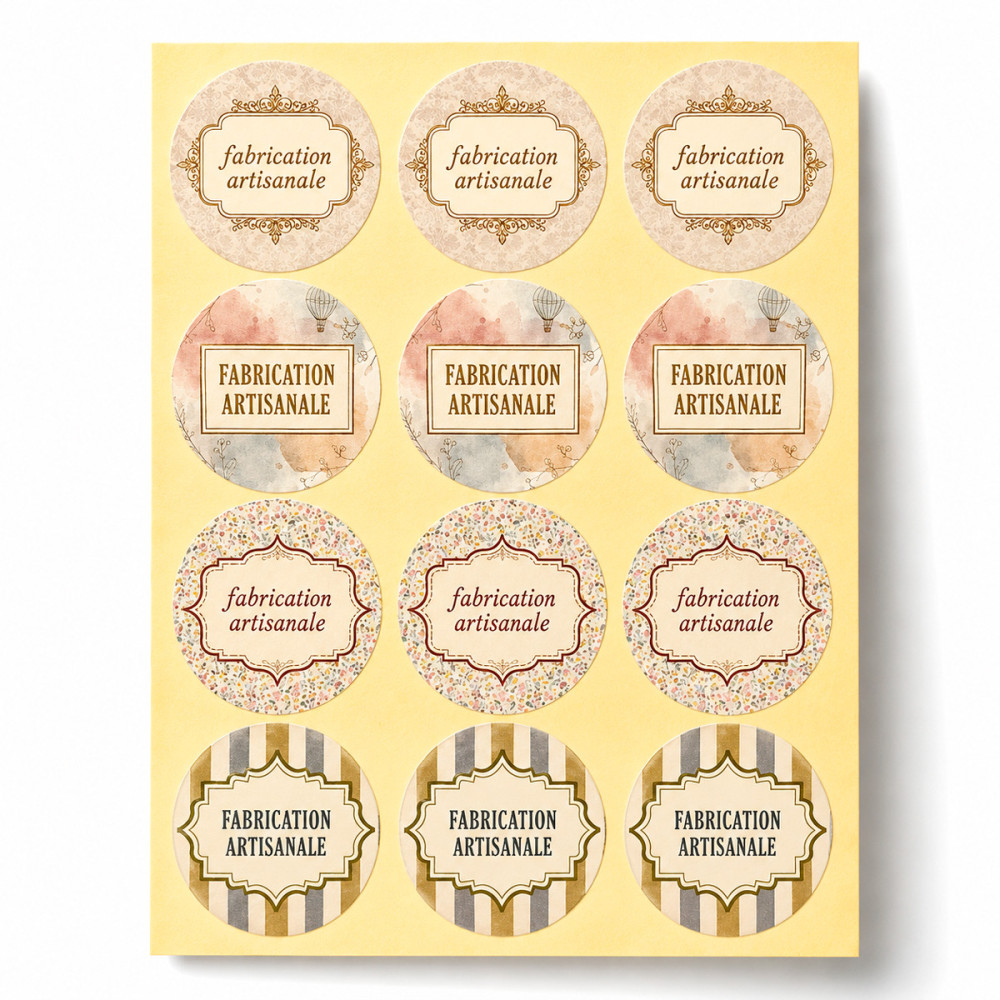 Lotto da 120 etichette adesive "Fabricazione Artigianale" - Collezione vintage Shabby Chic