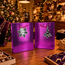 PACK NATALE M: 48 Borse Regalo Viola (18x7x24 cm) + 48 Etichette Argentate