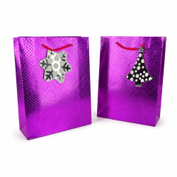 PACK NATALE M: 48 Borse Regalo Viola (18x7x24 cm) + 48 Etichette Argentate