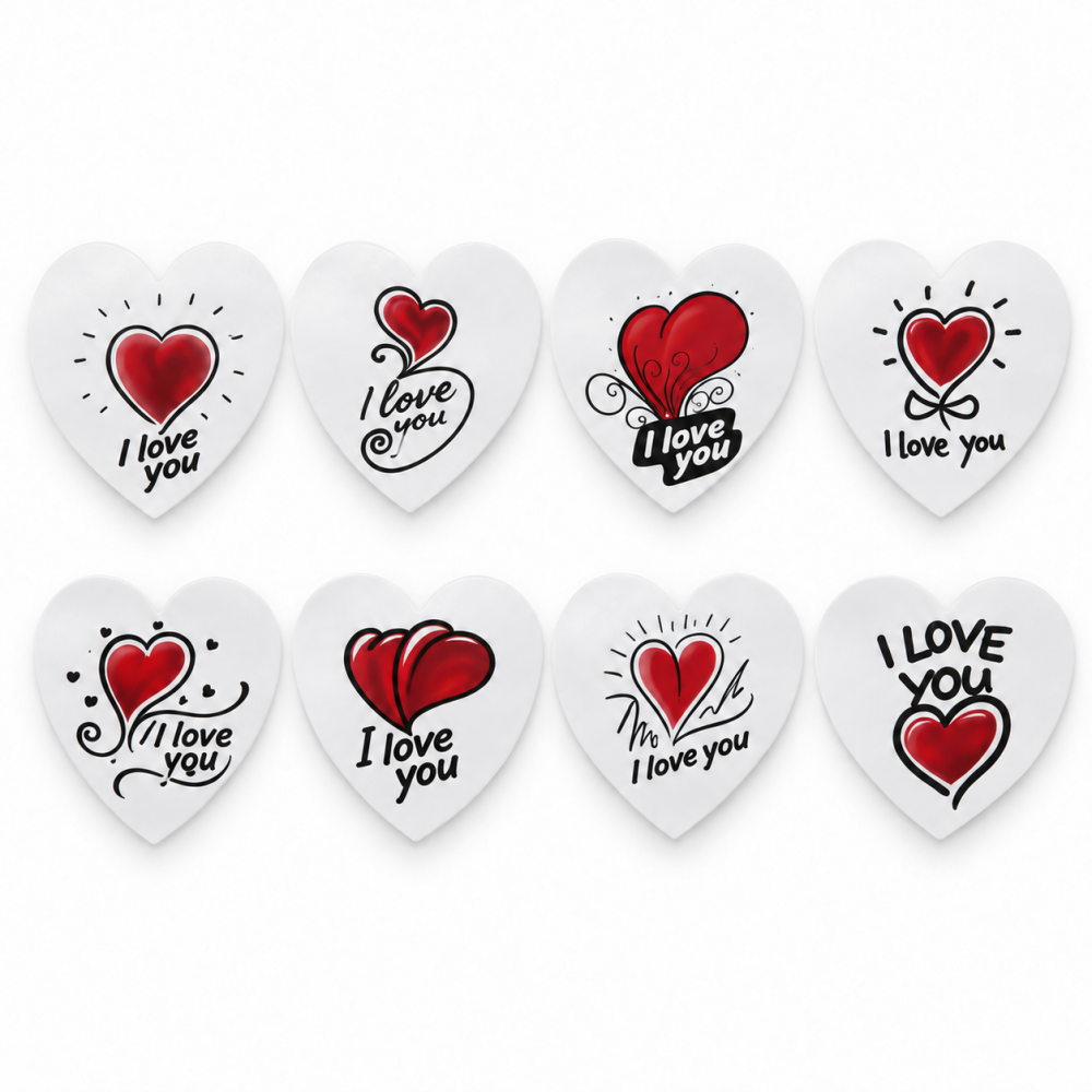 Etichette cuore San Valentino «I Love You» – 8 modelli assortiti