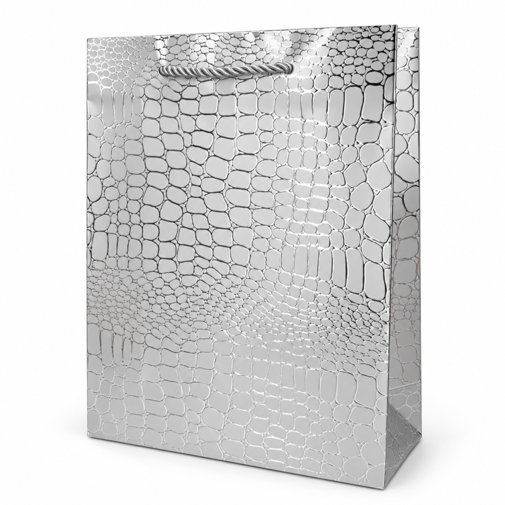 Borsa regalo argentata lucida motivo coccodrillo 12 × 6,8 × 15,5 cm - Lotto da 12
