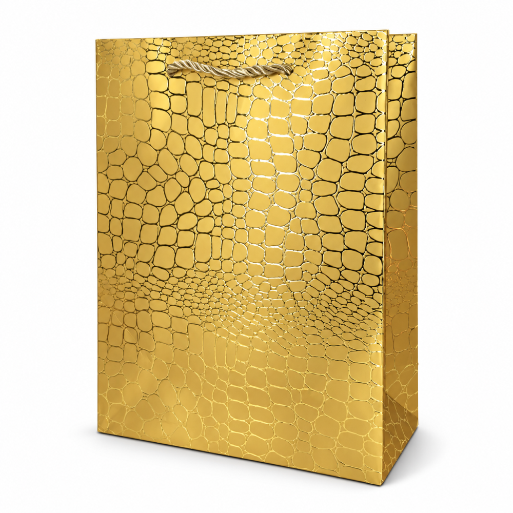 Borsa regalo dorata lucida motivo coccodrillo 26 x 10 x 32 cm - Lotto da 12