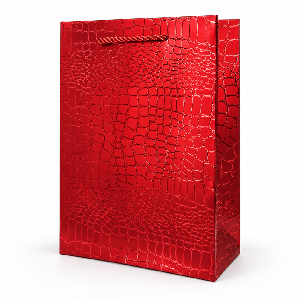 Borsa regalo rosso lucido motivo coccodrillo 26 x 10 x 32 cm - Lotto da 12