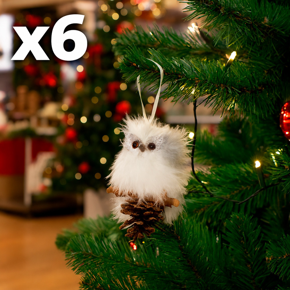 Lotto da 6 gufi bianchi e pigna per albero di Natale, 3 IN OMAGGIO