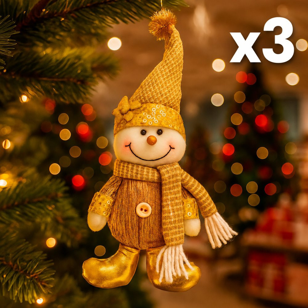 Lotto da 3 piccoli peluche dorati Pupazzo di neve per albero di Natale, 1 IN OMAGGIO