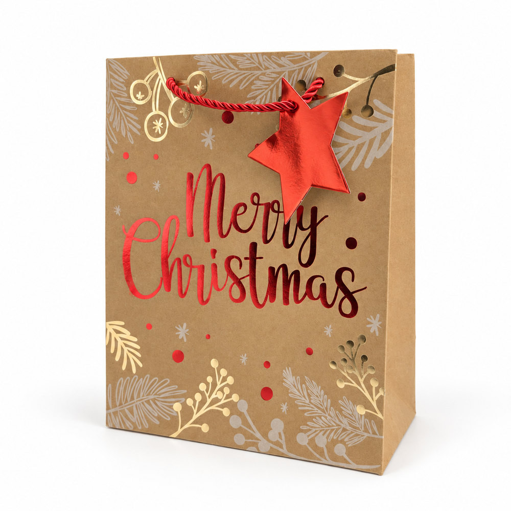 12 sacchetti regalo Natale in carta kraft - Merry Christmas e stella rossa metallizzata - S