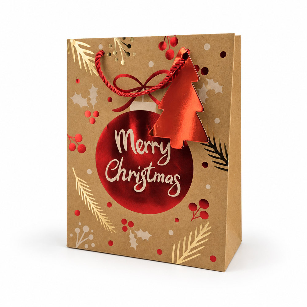 12 sacchetti regalo Natale kraft - Palla Merry Christmas ed etichetta abete - S