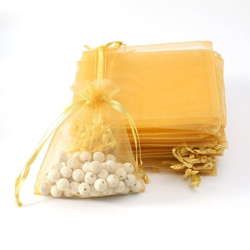 Set di 100 sacchetti in organza giallo oro richiudibili 12x15 cm