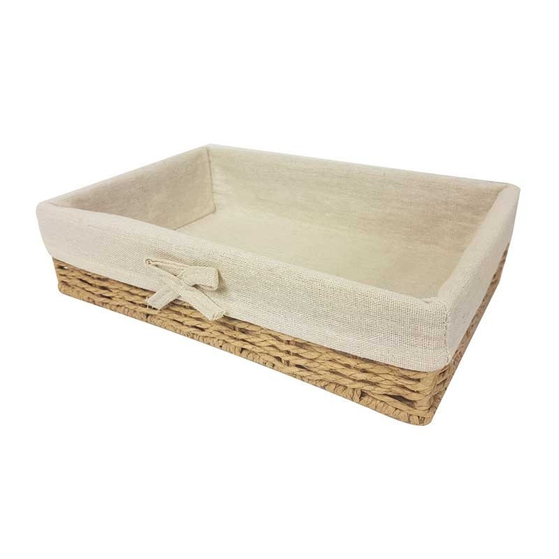 Grande cesto in rafia intrecciata e cotone beige naturale 40x30x9 cm
