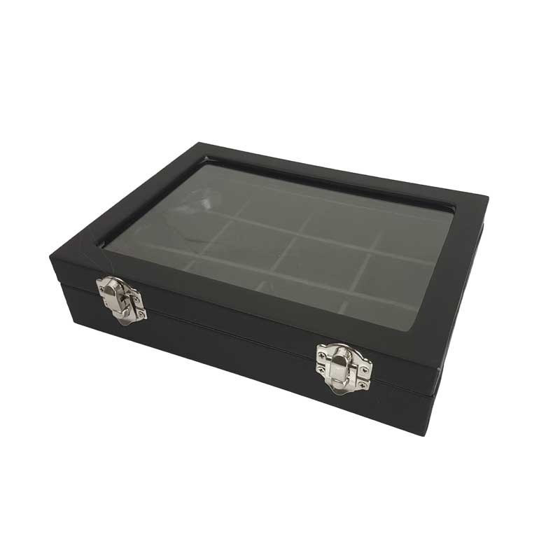 Petite mallette vitrée 12 petits casiers en simili cuir noir - 17063