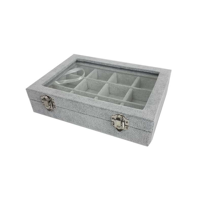 Petite mallette vitrée 12 petits casiers en velours gris  - 17064