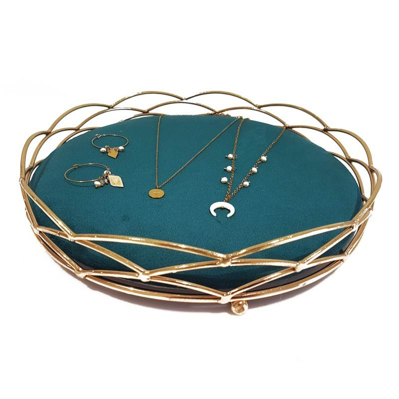 Plateau bijoux décoration en métal doré et velours bleau canard