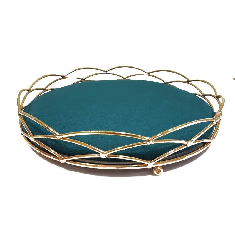 Plateau bijoux décoration en métal doré et velours bleau canard