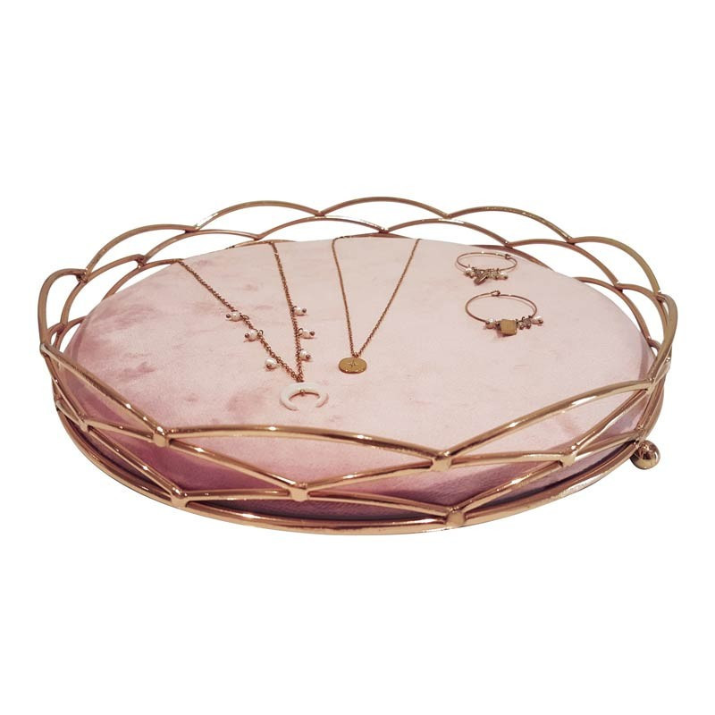 Plateau bijoux décoration en métal doré et velours rose