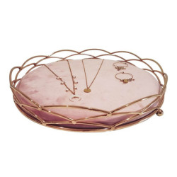 Vassoio decorativo per gioielli in metallo dorato e velluto rosa