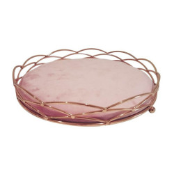 Vassoio decorativo per gioielli in metallo dorato e velluto rosa